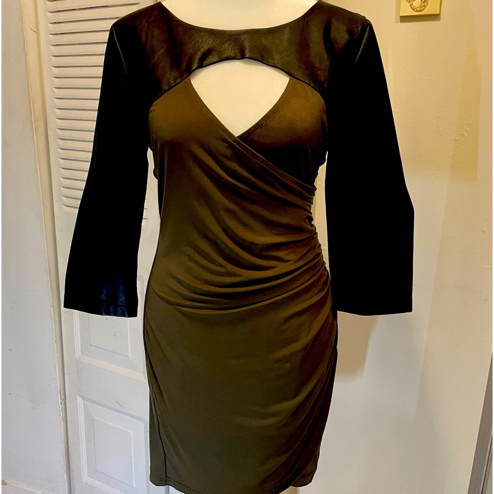 Guess - moss green faux black leather 3/4 in’ long wide cuff sleeve sexy dress